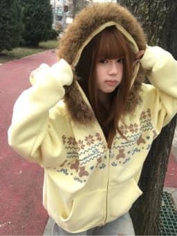 Y2k Kawaii Japanese Print Zipper Hooded Sweatshirts Harajuku Loose Casual Fur Collar Hoodies 2000s Vintage Autumn Coats Chic