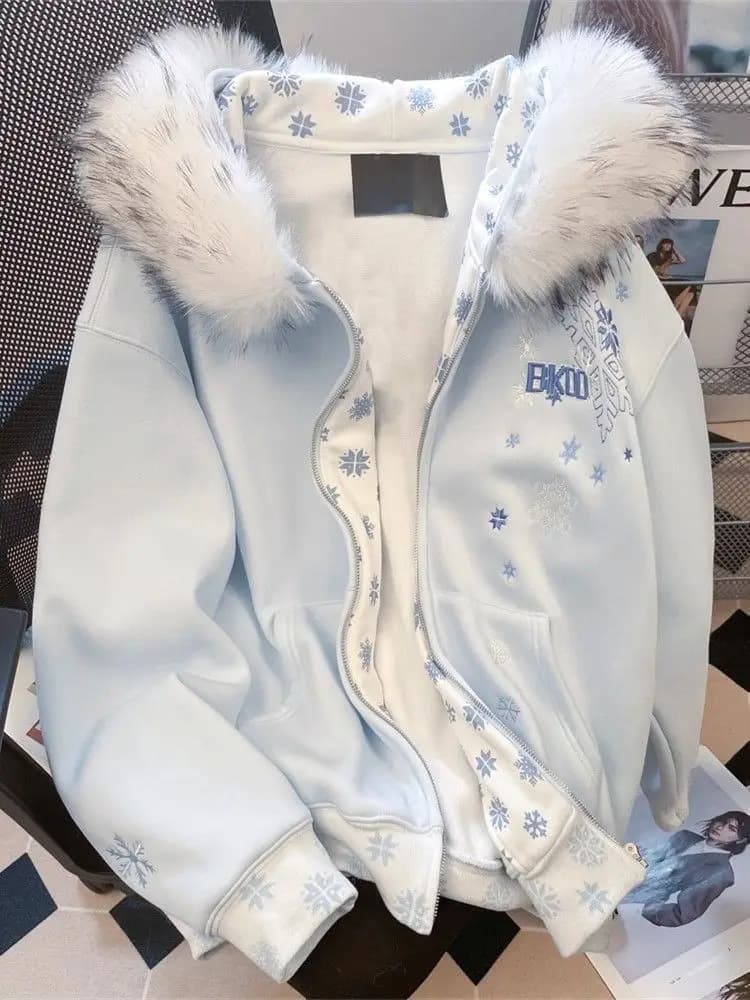 Y2k Kawaii Japanese Print Zipper Hooded Sweatshirts Harajuku Loose Casual Fur Collar Hoodies 2000s Vintage Autumn Coats Chic