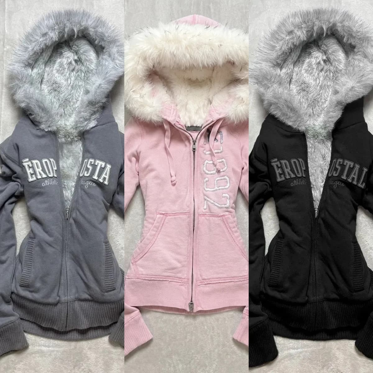 Winter Y2K Punk Vintage Gray Fleece Hoodie Women Plush Lined Zip Sweatshirt Retro Grunge Streetwear Hot Girl Oversized Jacket