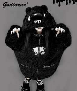 Japanese Gothic Hooded Plush Coat New Autumn Winter Subculture Cool Girl Women's Punk Rivet Lamb Wool Hoodie Jacket Zipper Coat