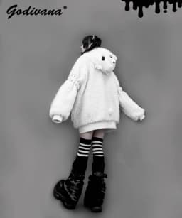 Japanese Gothic Hooded Plush Coat New Autumn Winter Subculture Cool Girl Women's Punk Rivet Lamb Wool Hoodie Jacket Zipper Coat