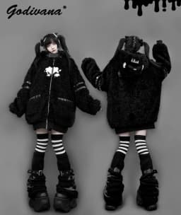Japanese Gothic Hooded Plush Coat New Autumn Winter Subculture Cool Girl Women's Punk Rivet Lamb Wool Hoodie Jacket Zipper Coat