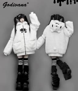 Japanese Gothic Hooded Plush Coat New Autumn Winter Subculture Cool Girl Women's Punk Rivet Lamb Wool Hoodie Jacket Zipper Coat