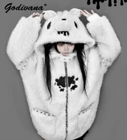 Japanese Gothic Hooded Plush Coat New Autumn Winter Subculture Cool Girl Women's Punk Rivet Lamb Wool Hoodie Jacket Zipper Coat