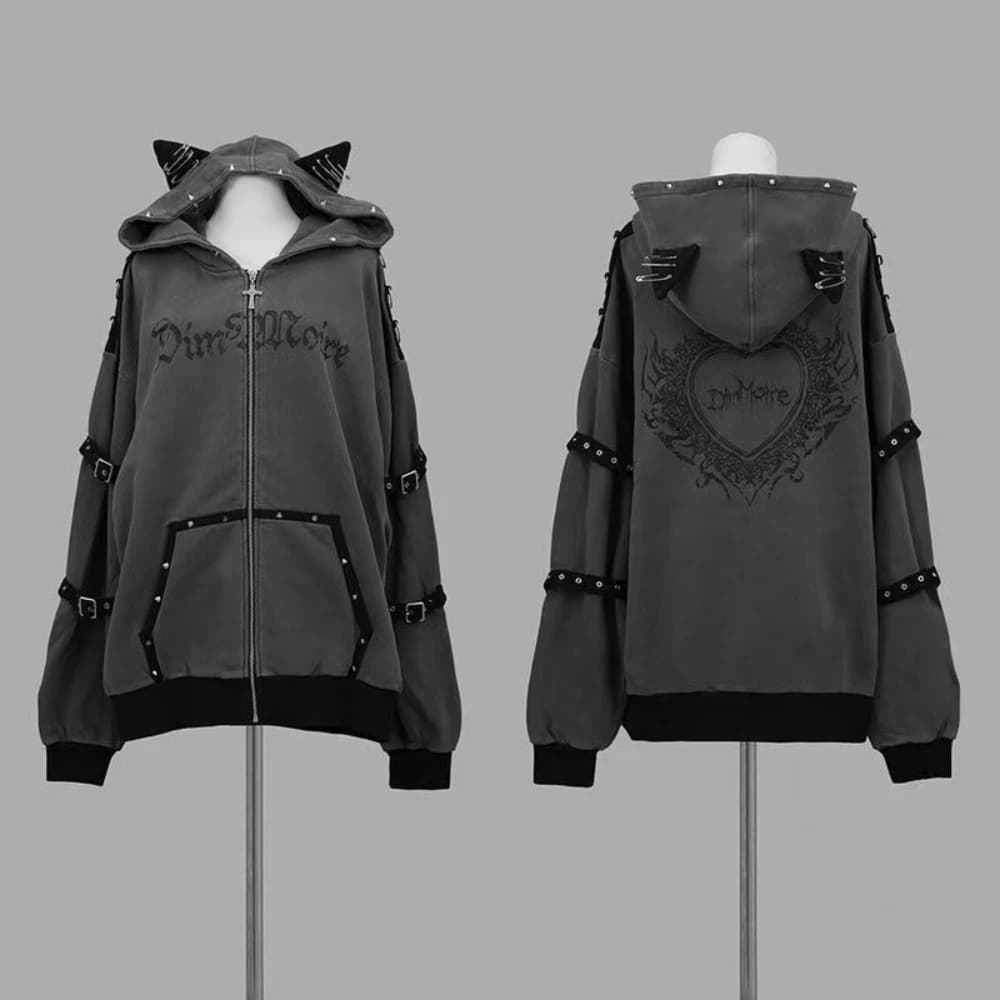 Subculture Punk Style Kawaii Long Sleeve Hoodie Women Casual Cartoon Print Cat Ears Sweatshirt Harajuku Sweet 2025 Autumn