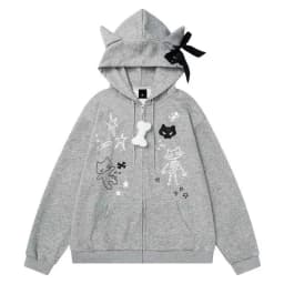 Subculture Punk Style Kawaii Long Sleeve Hoodie Women Casual Cartoon Print Cat Ears Sweatshirt Harajuku Sweet 2025 Autumn