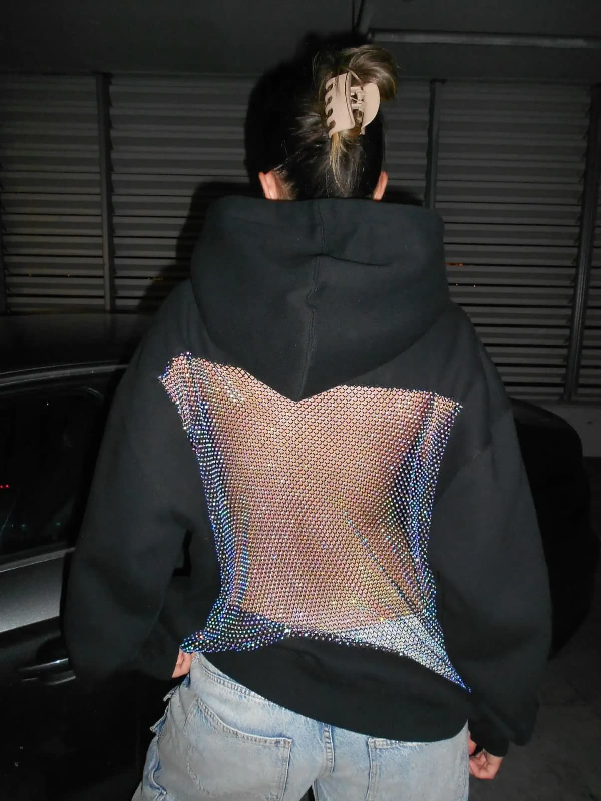 Women Black Hoodie Open Back Mesh Cutout Edgy Streetwear Casual Party Night Comfortable Relaxed Fit Fashion Trendy Chic Top