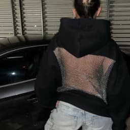 Women Black Hoodie Open Back Mesh Cutout Edgy Streetwear Casual Party Night Comfortable Relaxed Fit Fashion Trendy Chic Top