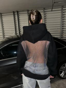 Women Black Hoodie Open Back Mesh Cutout Edgy Streetwear Casual Party Night Comfortable Relaxed Fit Fashion Trendy Chic Top