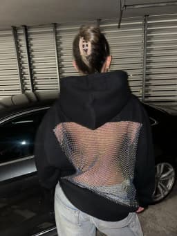 Women Black Hoodie Open Back Mesh Cutout Edgy Streetwear Casual Party Night Comfortable Relaxed Fit Fashion Trendy Chic Top