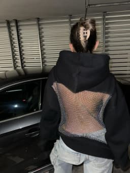 Women Black Hoodie Open Back Mesh Cutout Edgy Streetwear Casual Party Night Comfortable Relaxed Fit Fashion Trendy Chic Top
