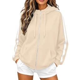 Women Striped Sleeve Zip Up Hoodie Drawstring Hooded Sweatshirt Long Sleeve Pocket Loose Oversized Casual Color Block Jacket Y2k
