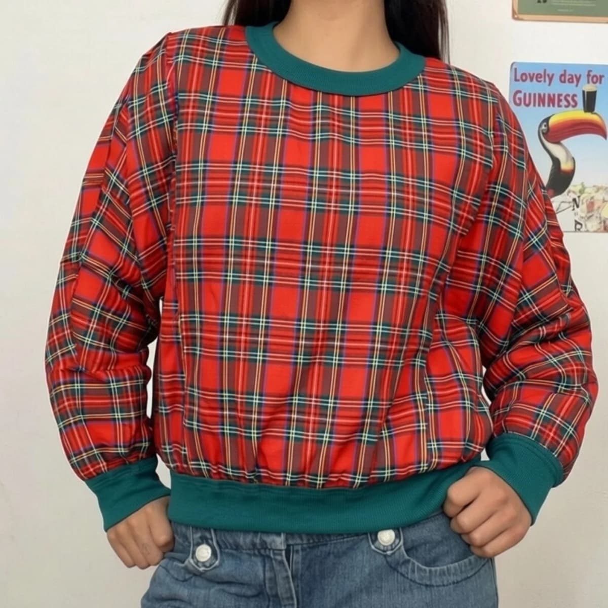 Lamuusaa y2k Women Sweatshirt Fashion Clothing Plaid Print Pullover Long Sleeve Crew Neck Loose Hoodie Top 2000s Streetwear