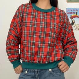 Lamuusaa y2k Women Sweatshirt Fashion Clothing Plaid Print Pullover Long Sleeve Crew Neck Loose Hoodie Top 2000s Streetwear