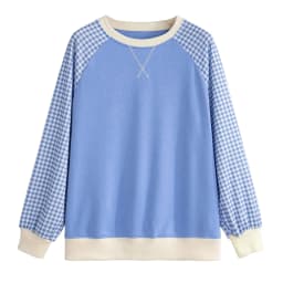 Women Gingham Plaid Raglan Sleeve Sweatshirt Crew Neck Cross Decor Color Block Long Sleeve Top Loose Casual Patchwork Sweatshirt