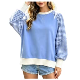 Women Gingham Plaid Raglan Sleeve Sweatshirt Crew Neck Cross Decor Color Block Long Sleeve Top Loose Casual Patchwork Sweatshirt