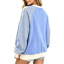 Women Gingham Plaid Raglan Sleeve Sweatshirt Crew Neck Cross Decor Color Block Long Sleeve Top Loose Casual Patchwork Sweatshirt