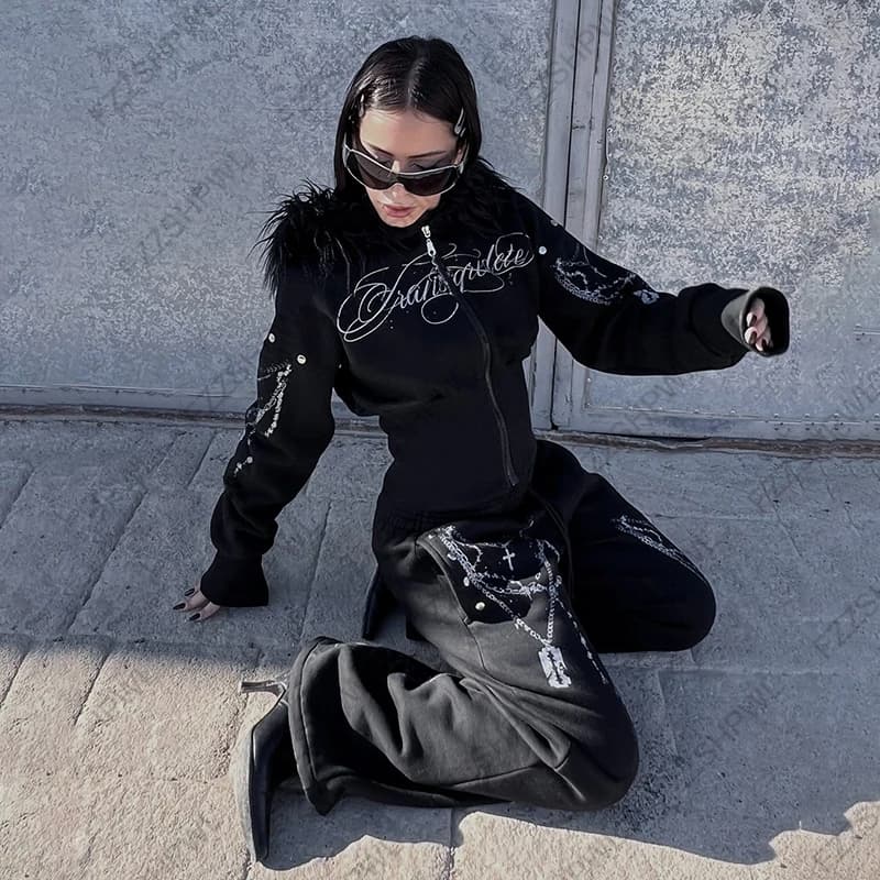 Hip Hop Streetwear Dark Faux Fur Collar Y2K Zip up hoodie Harajuku Graphic Print Punk Clothes Rock Goth Zipper Hoodie sweatshirt