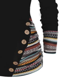 Dressfo Women's Hoodie Tops Tribal Geometric Stripe Panel Hooded Knit Top Long Sleeve Mock Button Knitted Top