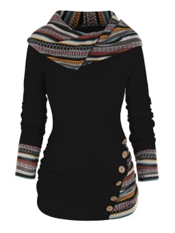 Dressfo Women's Hoodie Tops Tribal Geometric Stripe Panel Hooded Knit Top Long Sleeve Mock Button Knitted Top