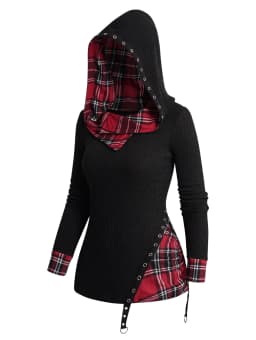 Dressfo Women's Hoodie Tops Tribal Geometric Stripe Panel Hooded Knit Top Long Sleeve Mock Button Knitted Top