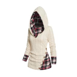 Dressfo Women's Hoodie Tops Tribal Geometric Stripe Panel Hooded Knit Top Long Sleeve Mock Button Knitted Top
