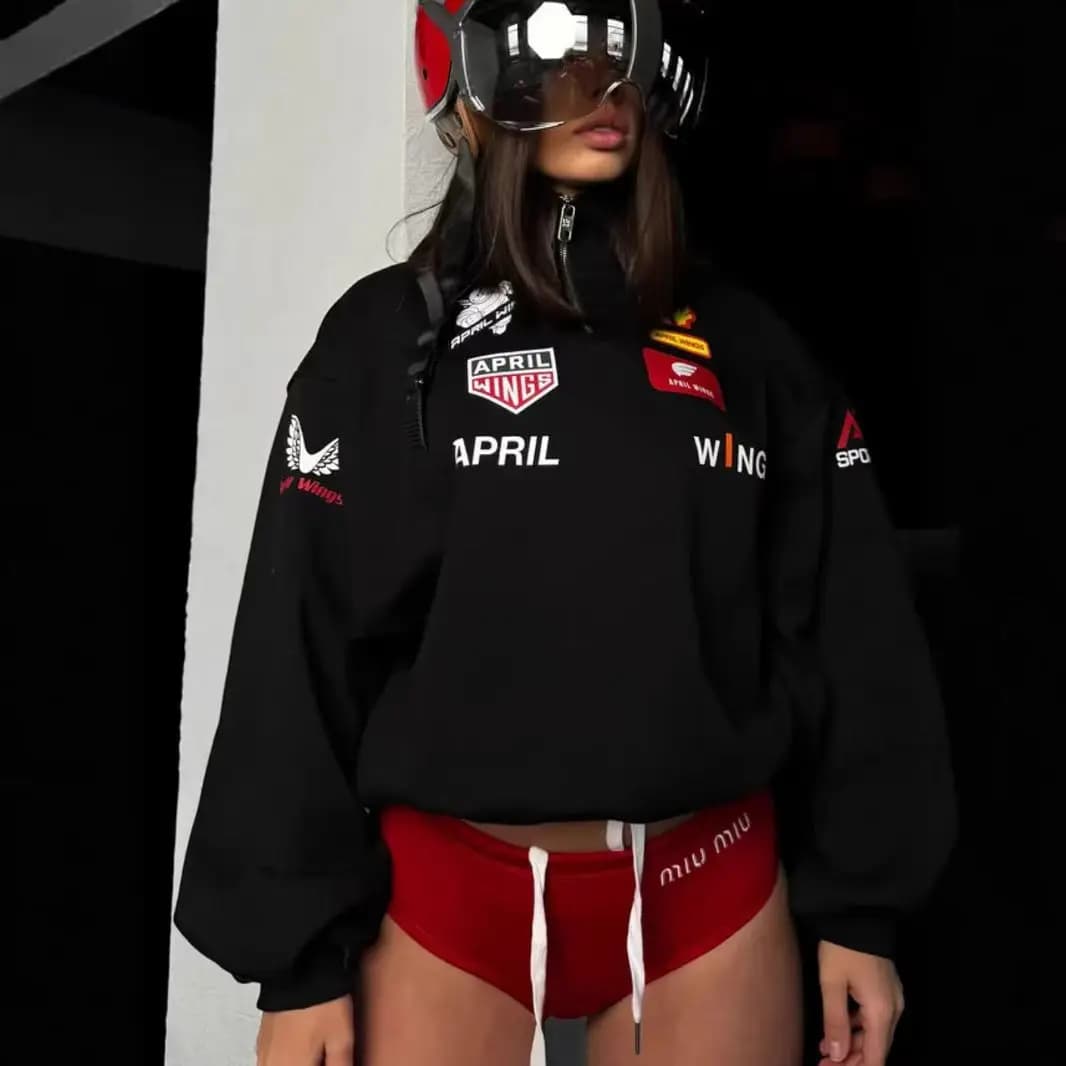Hip Hop Sports Racing Half Zipper Letter Print Sportswear Loose Sweatshirt Women Autumn 2026 Casual Hoodies Clothes Sudadera Top