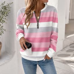 Casual Zipper Hoodie with Regular Fit Mid Length Japanese Korean Casual Digital Print Long Sleeve Striped Spring Women Hoodie