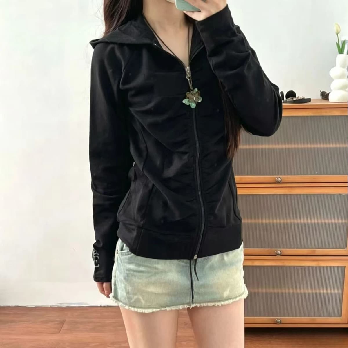 Y2K Retro Casual Pleated Sweatshirt Women Harajuku Black Slim Zip Up Hooded Jacket Long Sleeve Hoodie Gothic Yoga Workout Hoodie