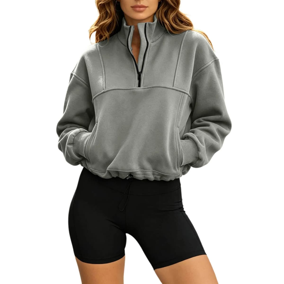 Women Half Zip Cropped Sweatshirt Stand Collar Long Sleeve Drawstring Hem Pullover With Pockets Loose Casual Y2k Cropped Hoodies