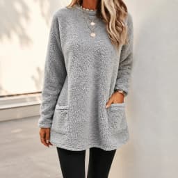 Long Sleeve Pocket Hoodie with Patchwork Elegant Commuting Women Sweatshirt Urban Loose Fit Round Neck Pullover Autumn Casual