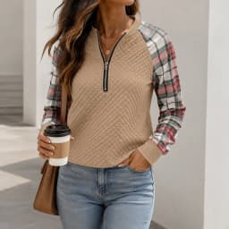 Plaid Patchwork Sweatshirt Loose Fit Literary Retro with Regular Length Autumn Striped Standard Thickness Crew Neck Women Hoodie