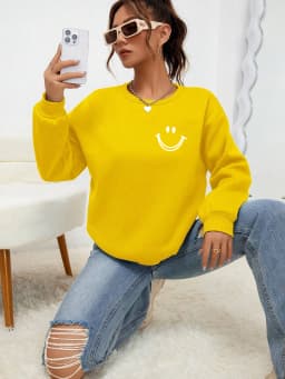 Smiling Face Printing Tops Women Fashion O-Neck Sweatshirt Autumn Fleece Casual Tracksuit Hip Hop Loose Versatile Clothes Female