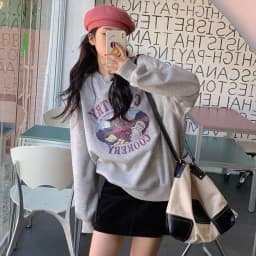 Autumn Winter Thin Sweatshirt Women's Loose Fashionable Student Print Top Trendy Outerwear Polyester Long Sleeve Sweet Style