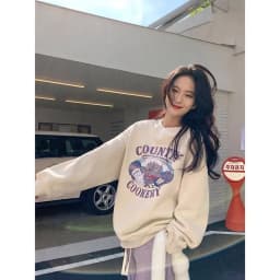 Autumn Winter Thin Sweatshirt Women's Loose Fashionable Student Print Top Trendy Outerwear Polyester Long Sleeve Sweet Style