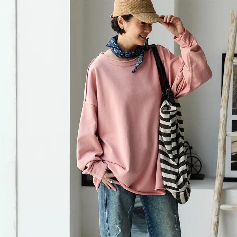 R17800 Artistic and Simple Style, Mid-Length, Loose Fit, Oversized Pure Cotton Spring Pullover Sweatshirt for Women