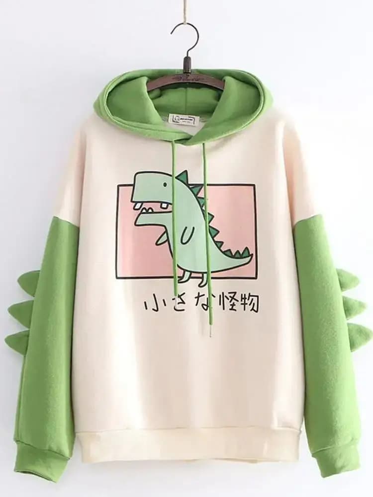 Dinosaur Oversized Cartoon Hoodie Women Fashion Sweatshirt Polyester Spandex Long Sleeve Printed Hooded Commute Style