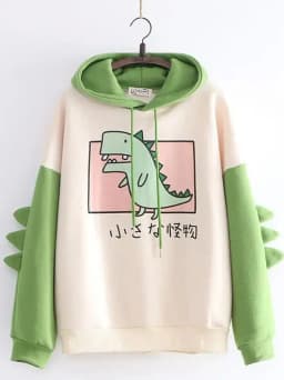 Dinosaur Oversized Cartoon Hoodie Women Fashion Sweatshirt Polyester Spandex Long Sleeve Printed Hooded Commute Style