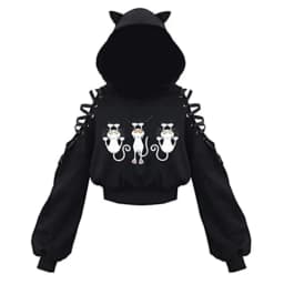 Y2k Gothic Womens Hoodie Cat Ear Crop Top Hooded Sweatshirt Hollow Out Lace Up Long Sleeve Hodded Sping Autumn Casual Pullover