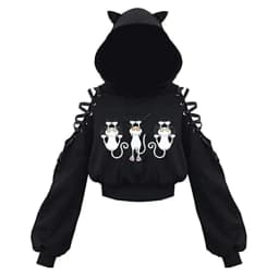 Y2k Gothic Womens Hoodie Cat Ear Crop Top Hooded Sweatshirt Hollow Out Lace Up Long Sleeve Hodded Sping Autumn Casual Pullover