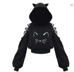 Y2k Gothic Womens Hoodie Cat Ear Crop Top Hooded Sweatshirt Hollow Out Lace Up Long Sleeve Hodded Sping Autumn Casual Pullover