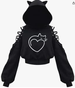 Y2k Gothic Womens Hoodie Cat Ear Crop Top Hooded Sweatshirt Hollow Out Lace Up Long Sleeve Hodded Sping Autumn Casual Pullover