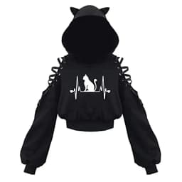 Y2k Gothic Womens Hoodie Cat Ear Crop Top Hooded Sweatshirt Hollow Out Lace Up Long Sleeve Hodded Sping Autumn Casual Pullover