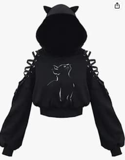 Y2k Gothic Womens Hoodie Cat Ear Crop Top Hooded Sweatshirt Hollow Out Lace Up Long Sleeve Hodded Sping Autumn Casual Pullover