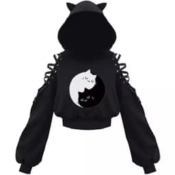Y2k Gothic Womens Hoodie Cat Ear Crop Top Hooded Sweatshirt Hollow Out Lace Up Long Sleeve Hodded Sping Autumn Casual Pullover
