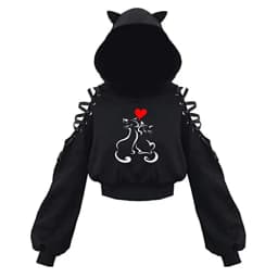 Y2k Gothic Womens Hoodie Cat Ear Crop Top Hooded Sweatshirt Hollow Out Lace Up Long Sleeve Hodded Sping Autumn Casual Pullover