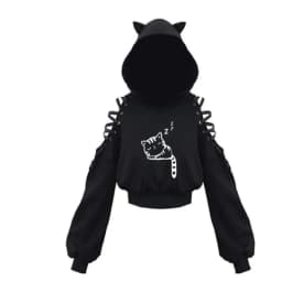 Y2k Gothic Womens Hoodie Cat Ear Crop Top Hooded Sweatshirt Hollow Out Lace Up Long Sleeve Hodded Sping Autumn Casual Pullover