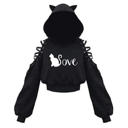 Y2k Gothic Womens Hoodie Cat Ear Crop Top Hooded Sweatshirt Hollow Out Lace Up Long Sleeve Hodded Sping Autumn Casual Pullover