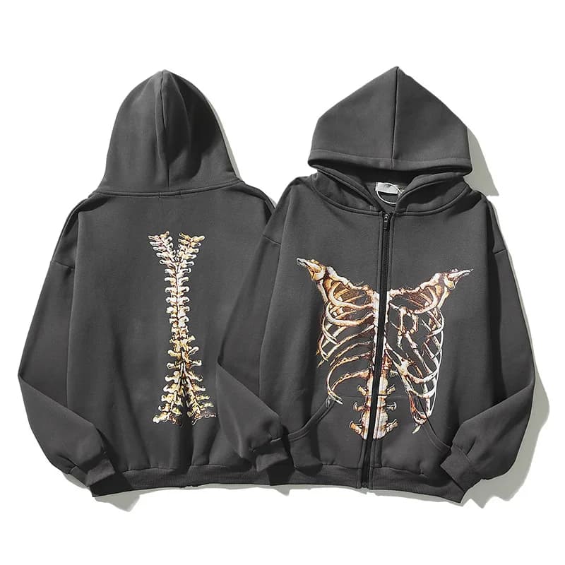 Y2K Gothic Skeleton Print Bones Zip Hoodie Women Harajuku Hip Hop Oversized Jacket Fall Winter Vintage Loose Hooded Sweatshirts