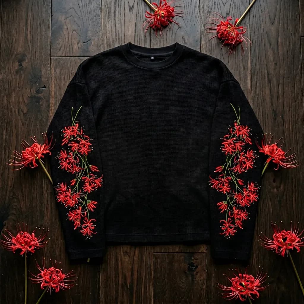Y2K Streetwear Trend Higan Flower Embroidered Long Sleeved Hip Hop Retro Harajuku Waffle T Shirt Couple Punk Loose Sweatshirt